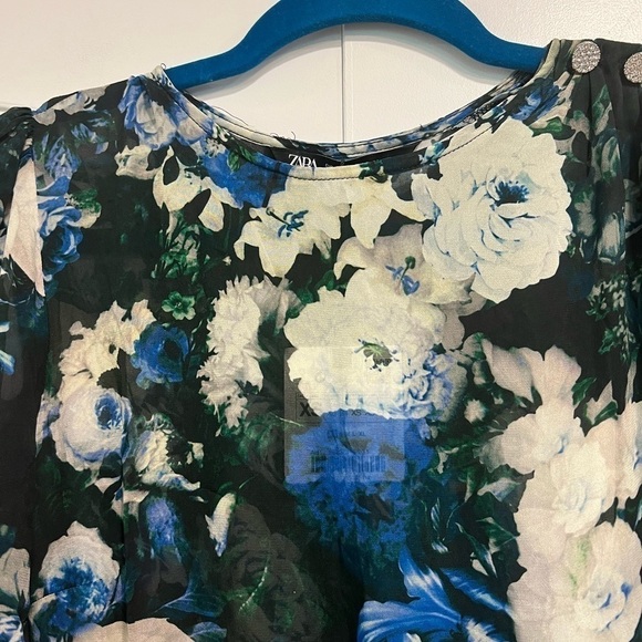 ZARA sheer top floral ruched mini dress with ruched sleeves - Picture 4 of 11